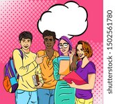 Group of four friends and cool students at the university with a blank speech or thought bubble happy together about a new idea or event. Vector illustration