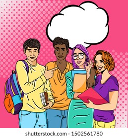 Group of four friends and cool students at the university with a blank speech or thought bubble happy together about a new idea or event. Vector illustration