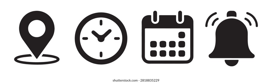 A group of four fundamental icons: location marker analog clock calendar grid and ringing bell.