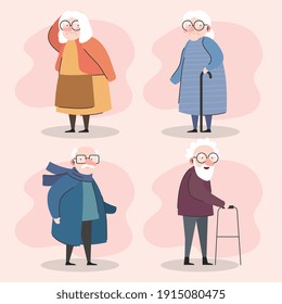 group of four grandparents using canes and walker characters vector illustration design