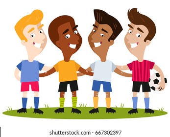 Group of four happy multinational cartoon friends in colorful shirts and shorts standing on football field with one holding a football isolated on white background