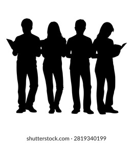 Group of four individuals standing in a row, each holding and reading a book, captured as black silhouettes against a plain background.