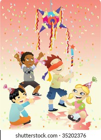 A group of four kids celebrating a birthday party for a friend with a pinata.