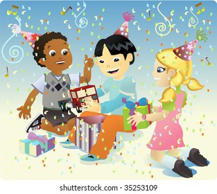 A group of four kids celebrating a birthday party for a friend and giving him gifts.