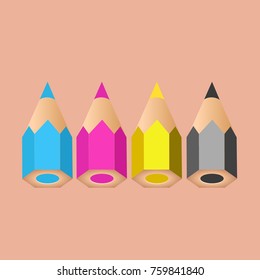 A group of four little pencils showing CMYK colors. Vector illustration