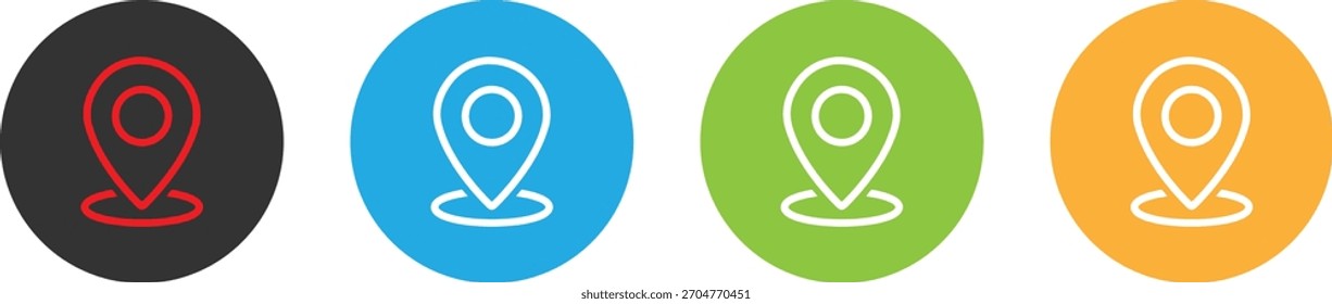 Grupo de cuatro iconos de marcador de ubicación en varios colores rojo sobre negro, blanco sobre azul, blanco sobre verde y blanco sobre naranja, sobre un fondo transparente