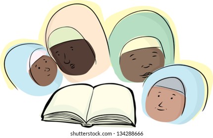Group of four Muslim women around a book
