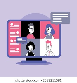 Group of four participants connected through virtual meeting on computer screen. Interactions and discussions in modern digital workspace concept