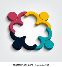Group of four people logo in a circle.Persons teamwork holding point of view 3D