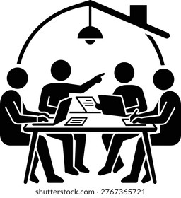 A group of four people sit at a desk with laptop computers and one person points while they work together under a roof