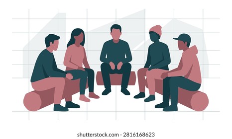 Group of four people sitting on a log talking together in flat two-color silhouette vector ideal for outdoor group discussion content