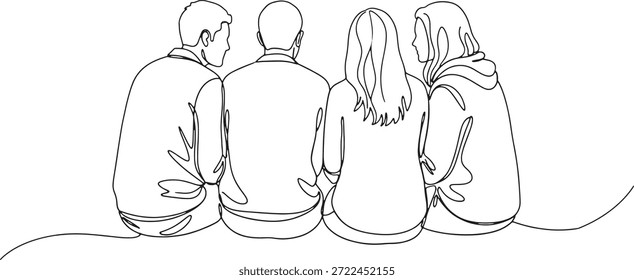 Grupo de cuatro personas, dos hombres y dos mujeres, sentados muy juntos vistos desde atrás en un simple dibujo de línea.