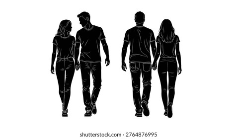 Group of four people walking in unison