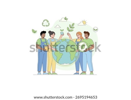 A group of four people working together to promote environmental stewardship and global conservation. The concepts of sustainability initiatives and a collective commitment to planetary well-being.