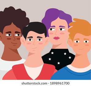 grupo de cuatro personas avatares caracteres diseño de ilustración vectorial