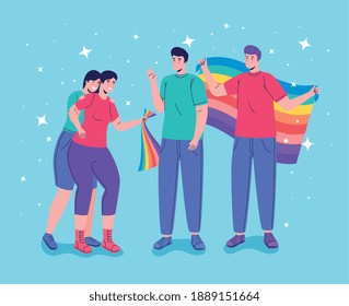 group of four persons with lgtbi flags characters vector illustration design