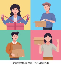 group of four persons unboxing