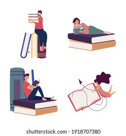 group of four readers with books ,book day celebration vector illustration design