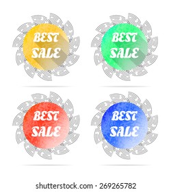Group of four round, colorful labels, signs with text, long shadows