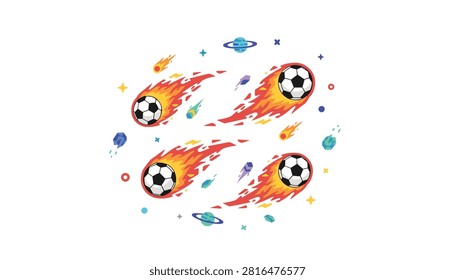 Group of four soccer balls flying through space like meteors with trails of fire and orbiting planets on a white background.