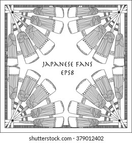 Group of four stylized japanese fans in black and white color palette.