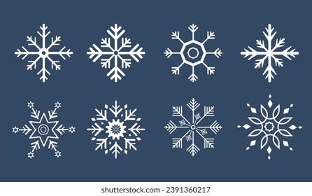 Grupo de cuatro copos de nieve vectoriales, copos de nieve blancos sobre fondo aislado, nieve suave para modelos de sping e invierno