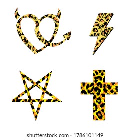 Group of four vector symbols with animal print. Vector heart, lightning, star and cross isolated on white. 