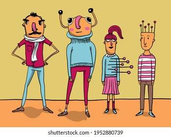 Group of four weird and offbeat characters. Hand drawn colorful illustration in vector format.