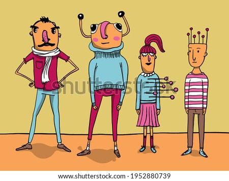 Group of four weird and offbeat characters. Hand drawn colorful illustration in vector format.