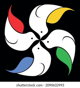 Group of four white birds with colored wings forming a weather vane on black background.