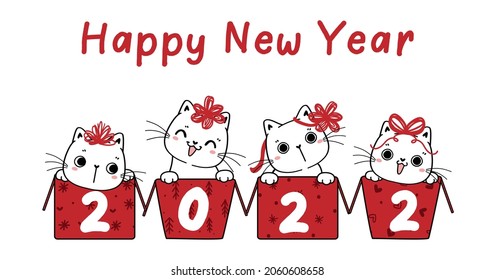 Group of four white funny kitten cat in boxes, Happy New year 2022, idea for greeting card or banner, cartoon hand drawn outline