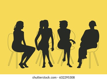 Group of four women sitting together talking together. Silhouettes vector illustration
