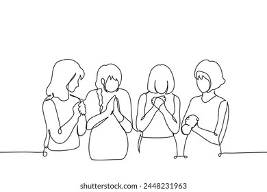 group of four women stand side by side with their palms folded - one line art vector. Hand-drawn sketch illustration. concept of prayer, saying mantra. Hand made vector not AI