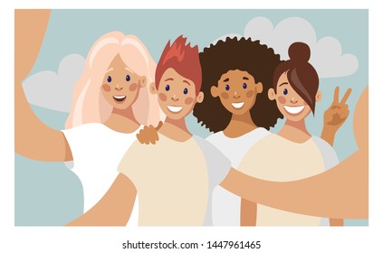 A group of four young girls taking a photo with a smartphone. Taking a selfie. Friendship concept. Vector illustration in flat cartoon style.