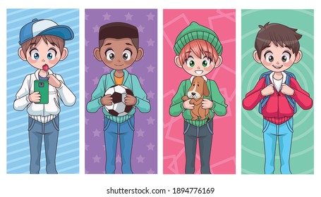 group of four young interracial teenagers boys kids characters vector illustration design