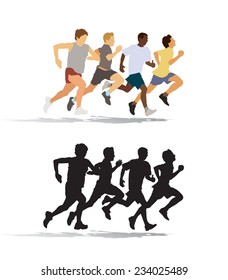 Group of four young man running in the race