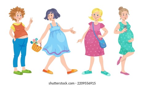 Group of four young modern pregnant women in different poses. In cartoon style. Isolated on white background. Vector flat illustration