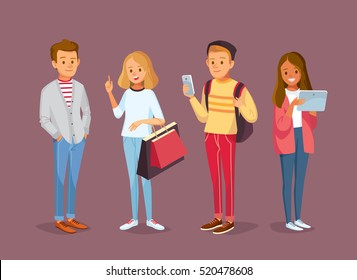 Group of four young people university fellow students classmates learners with gadgets standing together. Young woman girl lady with shopping bags.Vector illustration.Flat design.