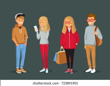 Group of four young people university fellow students classmates learners standing together. Young woman girl lady with shopping bags. Young man boy guy with backpack. Vector illustration.Flat design.