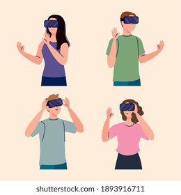 grupo de cuatro jóvenes que utilizan el diseño de ilustraciones vectoriales de tecnología de mascarillas virtuales de realidad