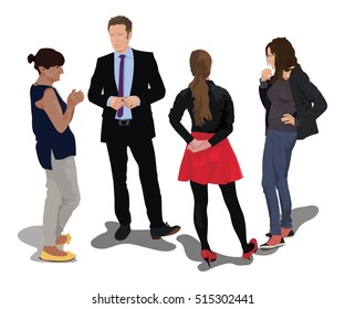 Group Of Four Young People. Vector Color Illustration.