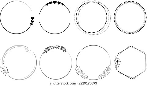 group of frames or circular shapes decorated with plant leaves or small hearts