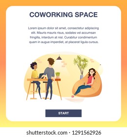 Group of Freelancer in Coworking Space Banner. Happy Male and Female Character Working at Computer, Girl Resting on Beanbag Chair in Shared Workplace. Flat Cartoon Vector Illustration