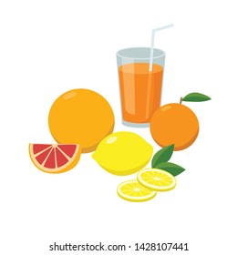 Group of Fresh Citrus fruits and orange juice vector flat illustration isolated on white background.