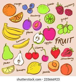 Group of fresh fruit doodle vector set