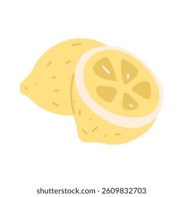 A group of fresh lemon fruits. One whole and half citrus is isolated on a white background. flat illustration with doodle lines. Vector of yellow lemon fruits. A taste for tea drinking