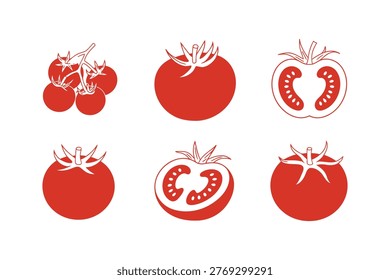 Group of fresh tomatoes, whole and sliced, on vine. Red produce illustrations on transparent background. Healthy food graphics.