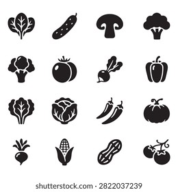 Group of fresh vegetables icons including spinach cucumber mushroom broccoli tomato radish pepper cabbage corn nut produce.