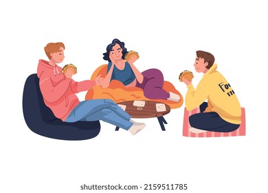 Group of Friend Character Eating Food at Home Sitting on the Floor with Tortilla Vector Illustration