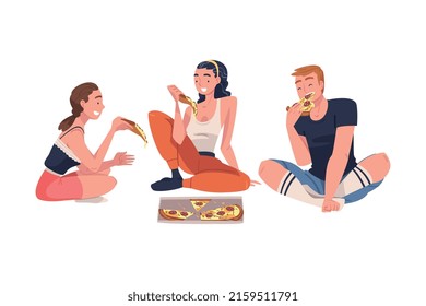 Group of Friend Character Eating Food at Home Sitting on the Floor with Pizza Vector Illustration